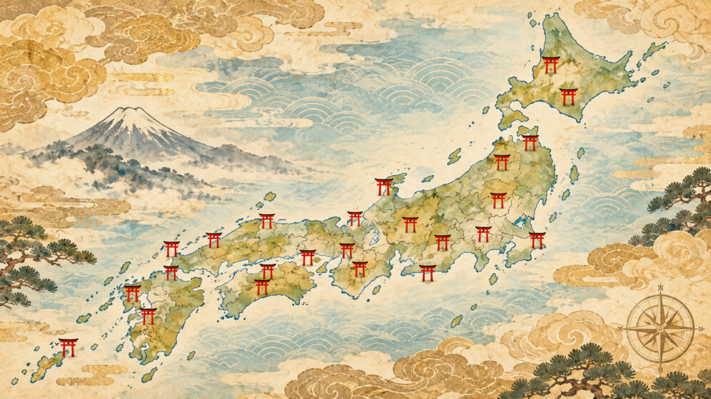 日本列島と朱色の鳥居地図